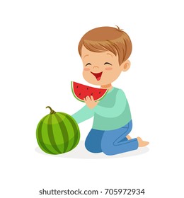 Cute little boy character enjoying eating watermelon cartoon vector Illustration