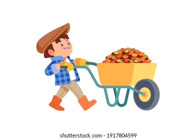 Cute little boy character pushes a wheelbarrow full of leaves and helps parents. Happy spring or autumn. Child in a hat removes leaves from the garden. Little gardener. Cartoon vector illustration.