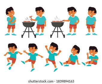 Cute little boy character set. Jumping and having fun isolated on different layers. Cooking sausage and thinking