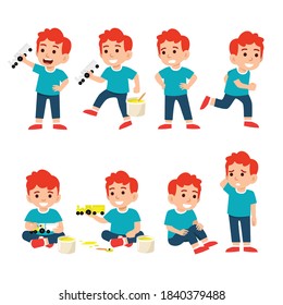 Cute Little Boy Character Set Flat Vector Illustration Isolated On Different Layers, With Editable Vector File