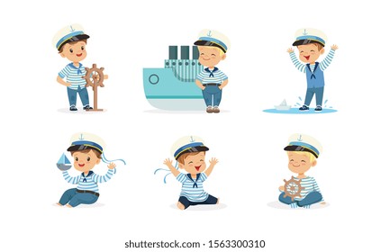 Cute Little Boy Character Wearing Mariner Uniform Vector Illustrations Set