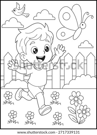 Cute little boy chasing a large butterfly in a garden with a picket fence and flowers. Kids coloring book page with fun cartoon characters. vector illustration for preschool activities.