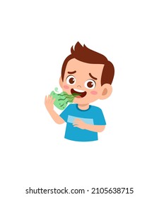 cute little boy check bad breath on mouth