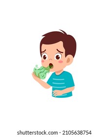 cute little boy check bad breath on mouth