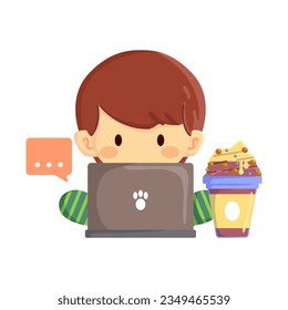 A cute little boy is checking or replying to messages over coffee