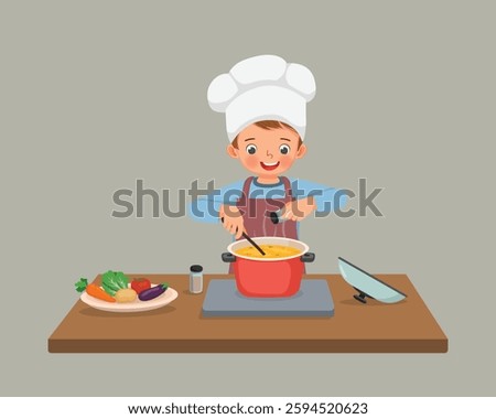 Cute little boy chef cooking delicious vegetable soup with pan adding spices in the kitchen