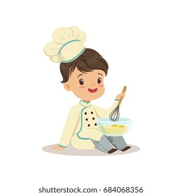 Cute little boy chef with mixing bowl and a whisk vector Illustration