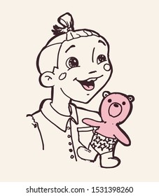Cute little boy child with bear - hand drawn doodle illustration vector