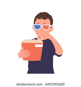 Cute little boy child cartoon character in 3d glasses eating popcorn snack watching film movie