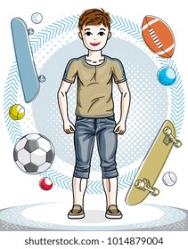 Cute little boy child standing in stylish casual clothes. Vector human illustration. Fashion theme clipart.