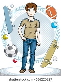 Cute little boy child standing wearing casual clothes. Vector beautiful human illustration. Fashion and lifestyle theme cartoon.