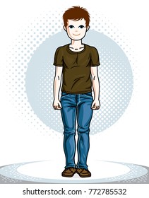 Cute little boy child standing in stylish casual clothes. Vector human illustration. Fashion and lifestyle theme cartoon.