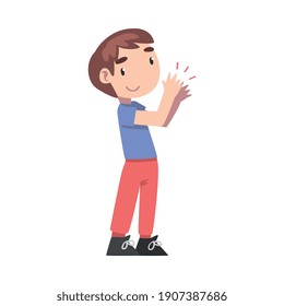 Cute Little Boy Clapping his Hands, Happy Kid Expressing Enjoyment, Appreciation, Delight Cartoon Style Vector Illustration