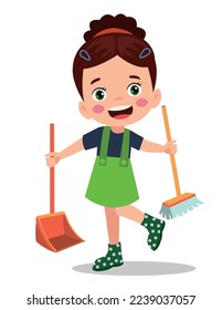 cute little boy cleaning with broom and shovel