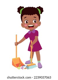 cute little boy cleaning with broom and shovel