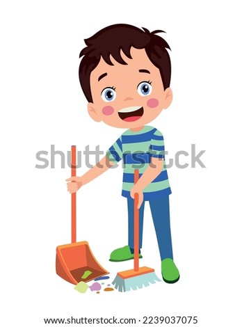 cute little boy cleaning with broom and shovel