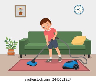 Cute little boy cleaning carpet with vacuum cleaner at the living room