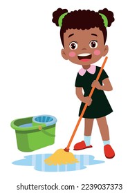 cute little boy cleaning with mop