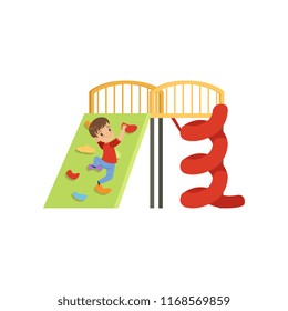 Cute little boy climbing wall on playground vector Illustration on a white background