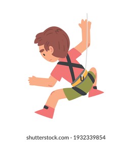 Cute Little Boy Climbing Wall, Kid Climber Character Doing Sports, Having Fun in Adventure Park Cartoon Style Vector Illustration