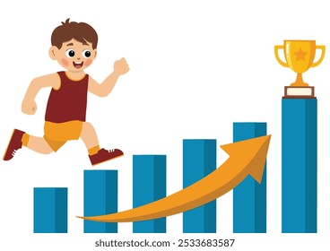 cute little boy climbs the ladder to reach the goal of success trophy that is at the top.