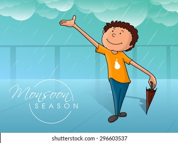 Cute little boy with closed umbrella, in a cloudy rainy day on blue background for Monsoon Season.