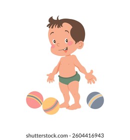 Cute little boy with colorful toy rubber balls. Children's illustration