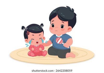 Cute Little Boy Comforting Crying Baby Sister – Cartoon Vector Illustration