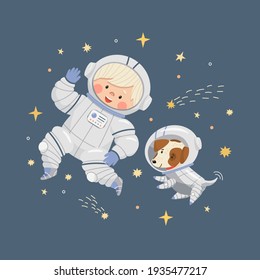 Cute little boy cosmonaut with funny dog in spacesuits flying in outer space among stars. Vector illustration in cartoon style for postcards, posters, banners, posters.