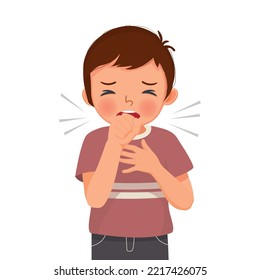 Cute little boy coughing suffering from cold and flu as symptom of allergy or virus infection