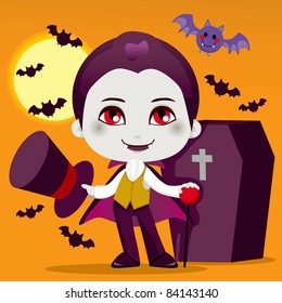 Cute little boy with Count Dracula vampire costume for Halloween night party