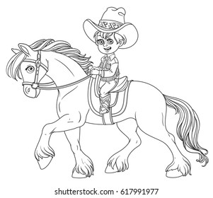 Cute little boy in cowboy suit riding on a horse outlined isolated on white background