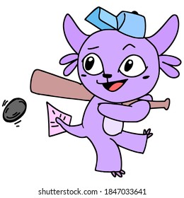 süßes kleines Jungenwesen, das bereit ist, einen Baseball zu schlagen. Cartoon-Illustrationsaufkleber Maskottchen Emoticon