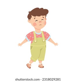 Cute little boy crying with tears. Upset brown haired boy dressed jumpsuit cartoon vector illustration