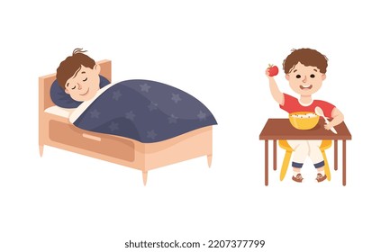 Cute little boy daily routine. Kid sleeping in bed and eating breakfast cartoon vector illustration