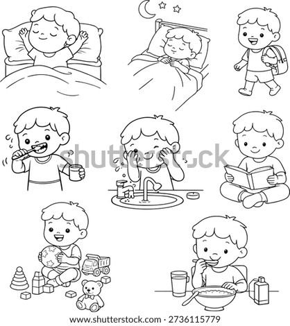 Cute Little Boy Daily Routine Activities Outline Illustration Set