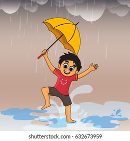 Cute little boy dancing and enjoying in rains, Monsoon Season concept.