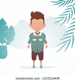 A cute little boy is depicted in full growth. Banner with a child. Cartoon style. Vector illustration.