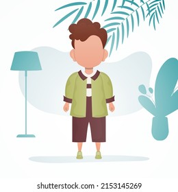 A cute little boy is depicted in full growth. Poster with a child. Vector illustration in cartoon style.