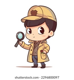 Cute little boy detective wearing coat and hat, use magnifying glass to investigate, cartoon flat character vector illustration