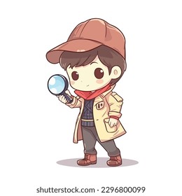 Cute little boy detective wearing coat and hat, use magnifying glass to investigate, cartoon flat character vector illustration