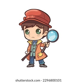Cute little boy detective wearing coat and hat, use magnifying glass to investigate, cartoon flat character vector illustration