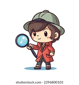 Pequeño y pequeño detective con abrigo y sombrero, usar vidrio de aumento para investigar, dibujos animados de carácter plano ilustración vectorial