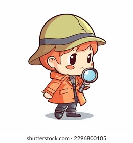 Cute little boy detective wearing coat and hat, use magnifying glass to investigate, cartoon flat character vector illustration