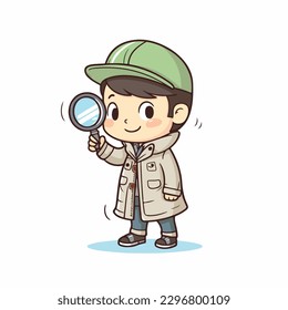 Cute little boy detective wearing coat and hat, use magnifying glass to investigate, cartoon flat character vector illustration