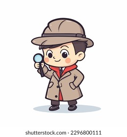 Cute little boy detective wearing coat and hat, use magnifying glass to investigate, cartoon flat character vector illustration