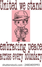 Cute little boy detective wearing coat and hat, use magnifying glass to investigate cartoon funny (United we stand, embracing peace across every boundary) art for print on demand (t shirt design).