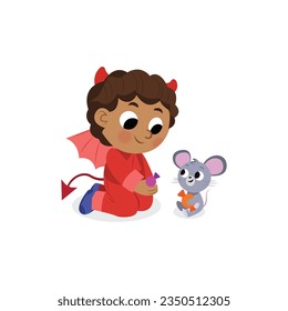 Cute Little Boy in Devil Costume Giving Candies To A Little Mouse Cartoon Character Vector. Cartoon Vector Character for party, Invitations, Web, Mascot.