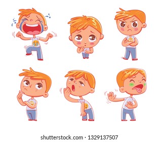 Cute little boy with different emotions. Emoji Stickers Emotions. Funny cartoon colorful character. Set. Isolated on white background. Vector illustration