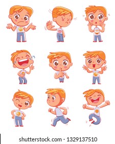 Cute little boy with different emotions. Emoji Stickers Emotions. Funny cartoon colorful character. Set for online communication, networking, social media chat, mobile message. Isolated on white